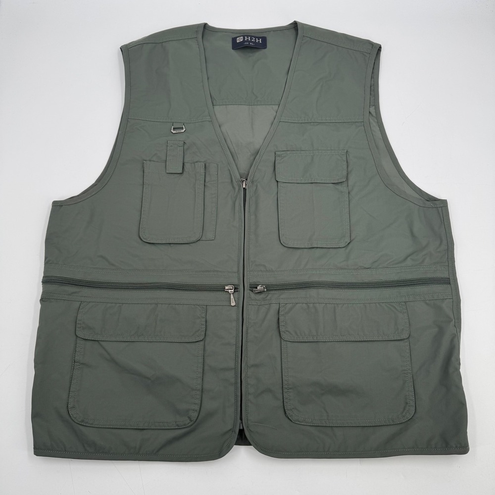 H2H Men's Utility Vest Green Multi Pocket Outdoor‎ Fishing Hiking Gorpcore